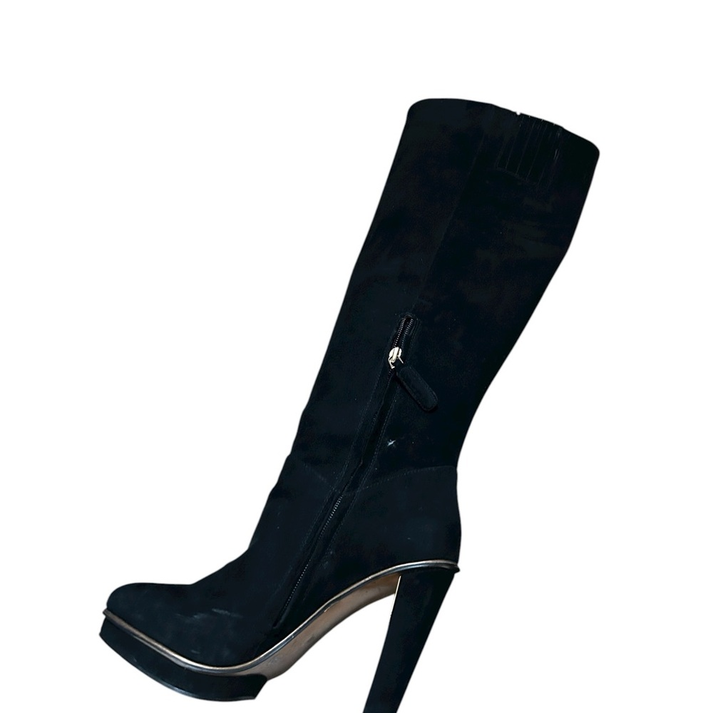 BCBGMaxAzria Elegant Black Suede Heeled Boots Trimmed with Gold Great Preowned - Picture 14 of 14
